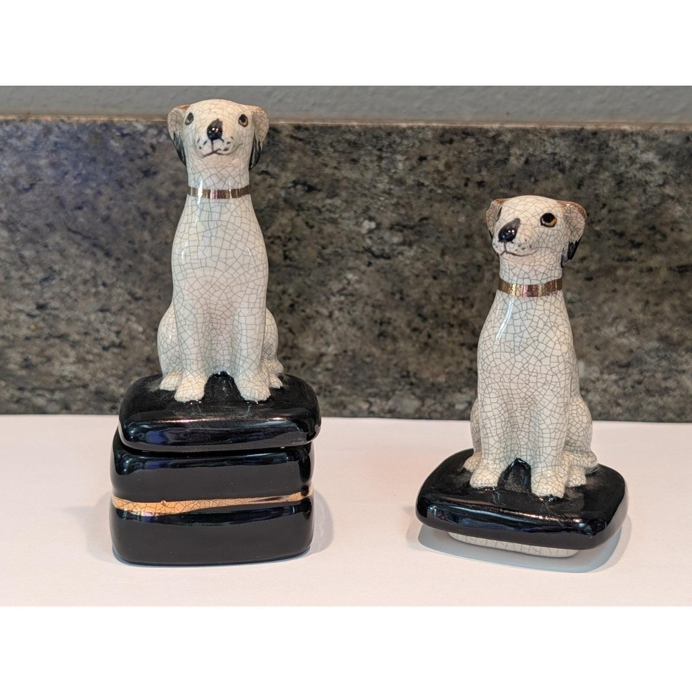 Takahashi 4" Porcelain Trinket Box Seated White Crackle Whippet Dog On Black Lid